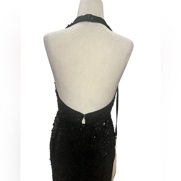 NWT Mac Duggal black sequin midi Halter dress women's size 2 with side ruching - Picture 10 of 14